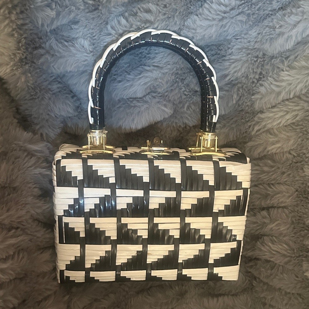 Woven Black and Cream Top-Handle Bag
